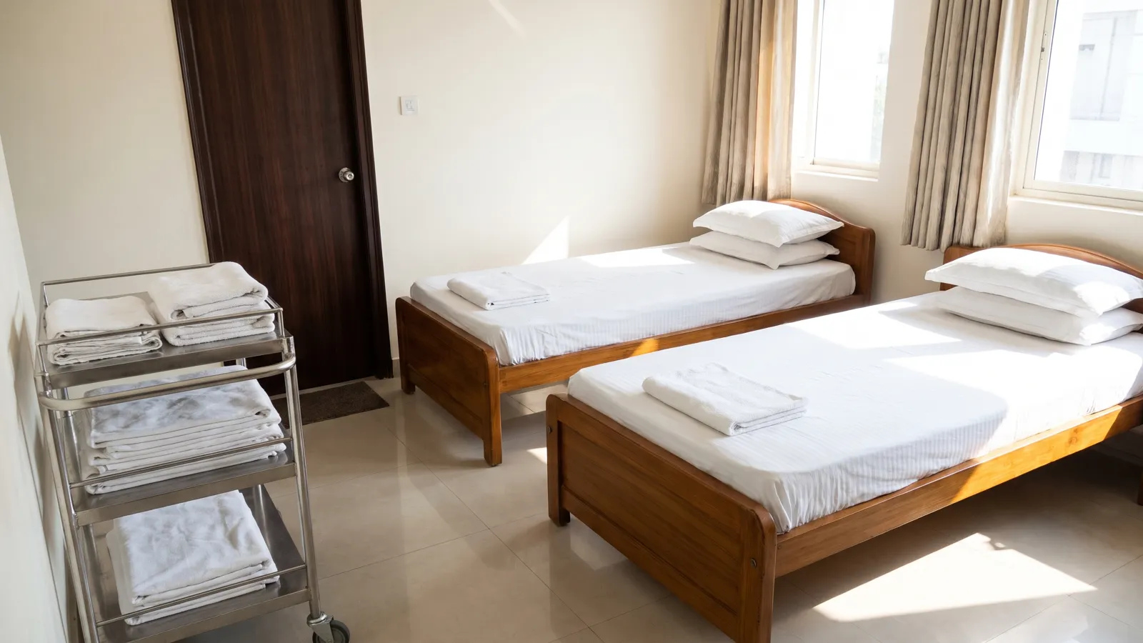 A clean guest room with two single beds in crisp white sheets and a trolley of folded white linen